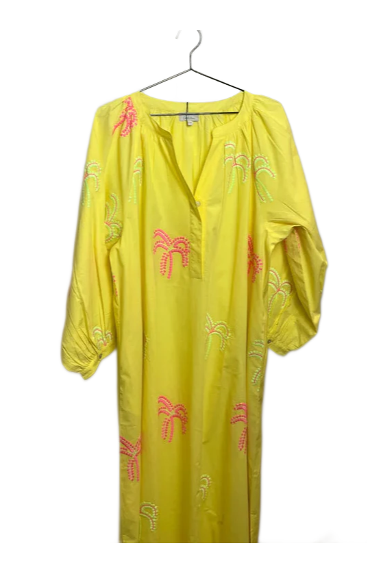YELLOW DRESS WITH COLOURED PALMS